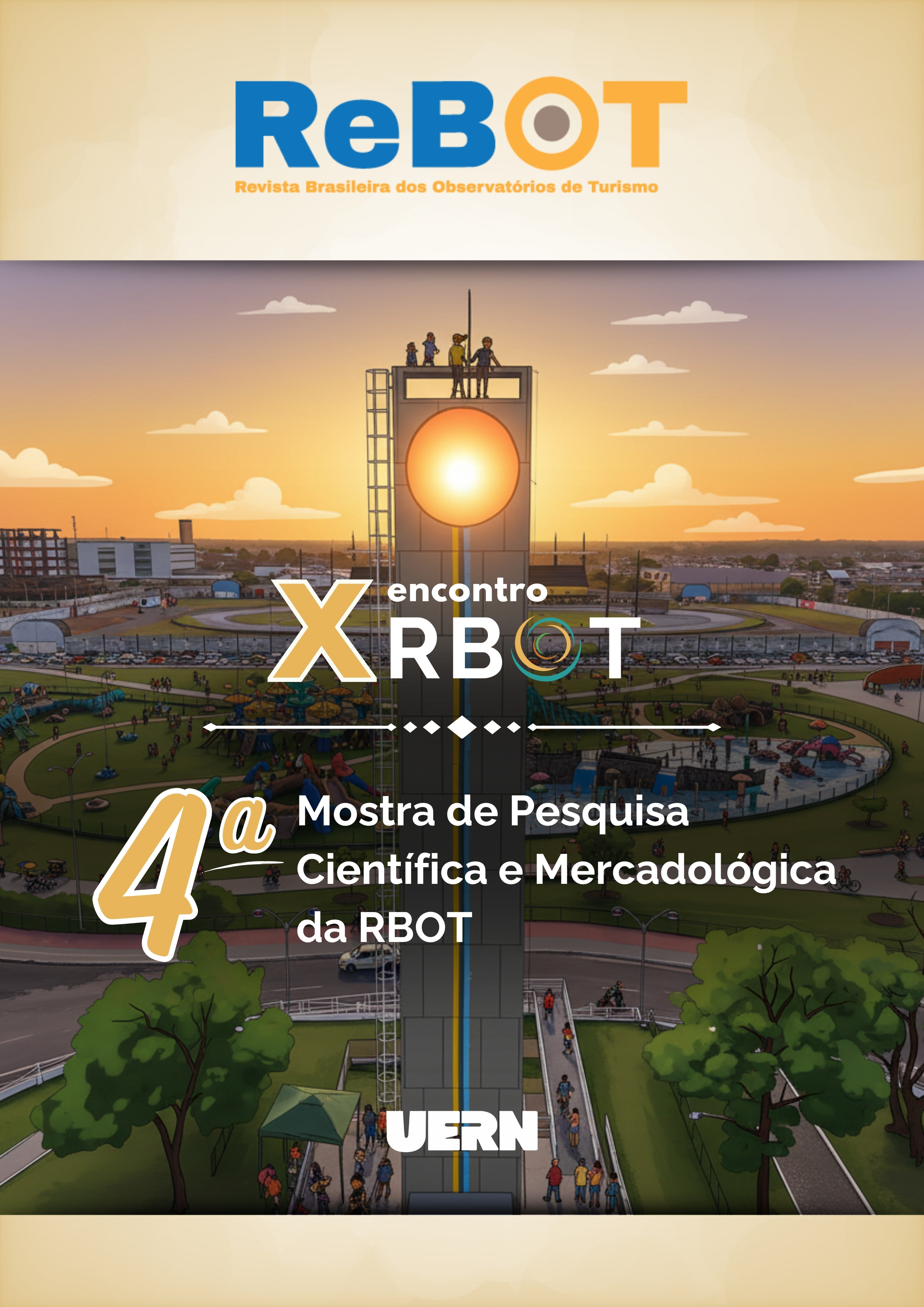 Capa da 4ª Mostra de Pesquisa Científica e Mercadológica da RBOT, com o logotipo da revista ReBOT no topo e uma ilustração de um parque turístico ao pôr do sol, destacando o título do evento e a marca da UERN na parte inferior.